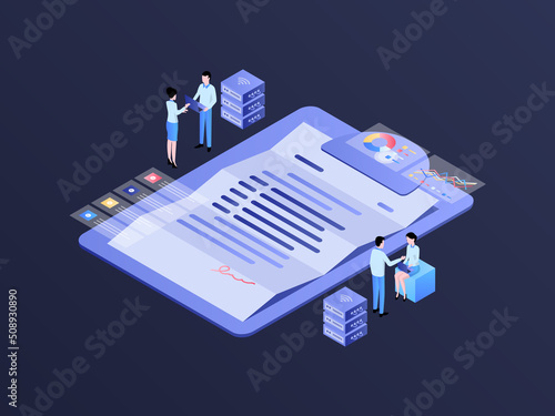 Business Contract Isometric Illustration Dark Gradient. Suitable for Mobile App, Website, Banner, Diagrams, Infographics, and Other Graphic Assets.