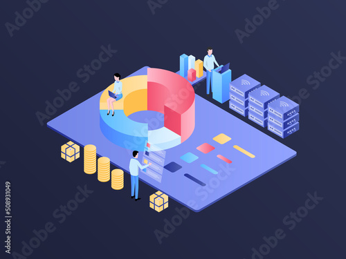 Business Analytic Isometric Illustration Dark Gradient. Suitable for Mobile App, Website, Banner, Diagrams, Infographics, and Other Graphic Assets.