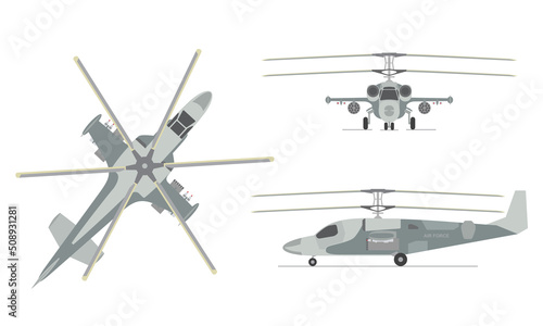 Military attack helicopter  top, side and front view. Isolated on white background. Vector illustration.