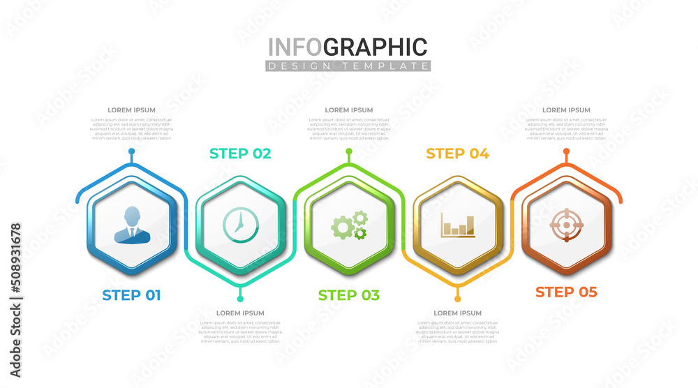 3d realistic infographic in 5 steps. Professional infographic with colorful gradient hexagonal shape. Business information steps with icon 3d realistic infographic in 5 steps. Professional infographic with colorful gradient hexagonal shape. Business information steps with icon