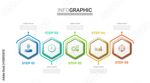 3d realistic infographic in 5 steps. Professional infographic with colorful gradient hexagonal shape. Business information steps with icon