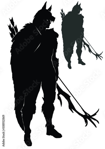 The black silhouette of a tall forest hunter or huntsman in a wolf mask with a huge bow and arrows, he stands proudly dressed in skins. 2d art