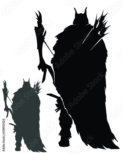 A black silhouette of a huge forest hunter in a wolf hat with a giant thick bow and arrows, he stands with his back in skins. 2d art
