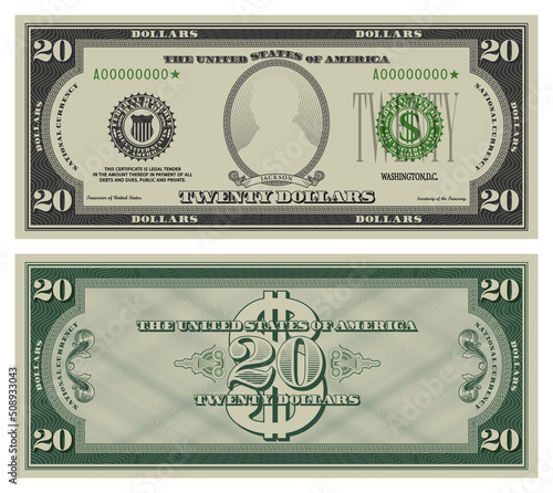 Twenty dollars banknote. Gray obverse and green reverse fictional US paper money in style of vintage american cash. Frame with guilloche mesh and bank seals. Jackson