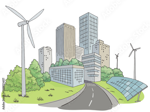 Eco city graphic color cityscape skyline sketch illustration vector