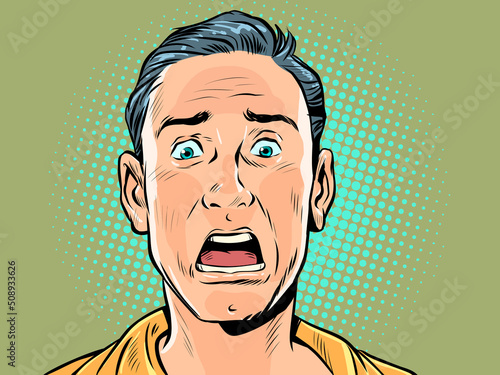 male face fright emotion, fear anxiety news danger surprise