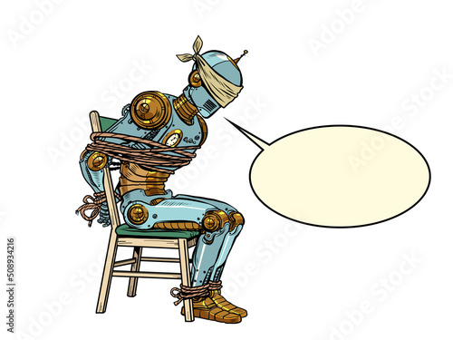 A captured robot under interrogation. Torture of artificial intelligence. Violence against a person, violation of rights