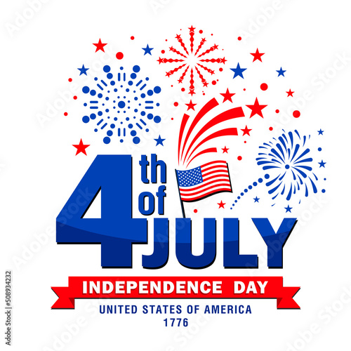 4th of July, Independence day of USA. Greeting design with  firework burst rays and flag. Vector on transparent background