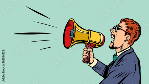 man with bullhorn megaphone loudspeaker. advertising announcement cry information concept