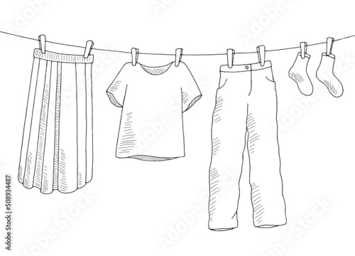 Clothes on a rope graphic black white isolated sketch illustration vector