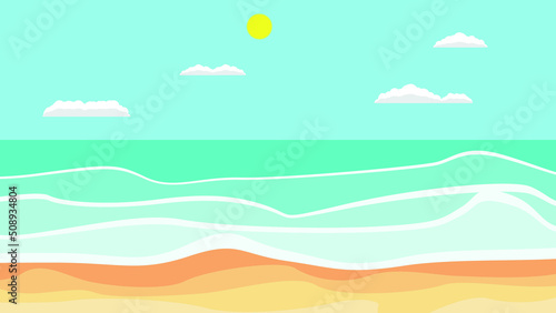 Waves and sandy beach. Clouds over sea . Summit and sunset logo .Vector