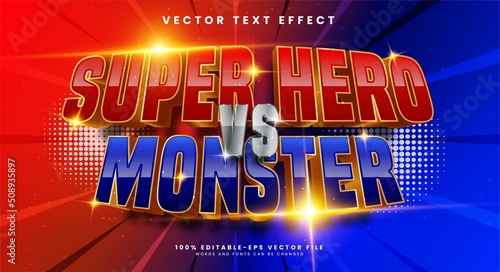 Super hero vs monster 3d editable text effect with red and blue color, suitable for battle themes.