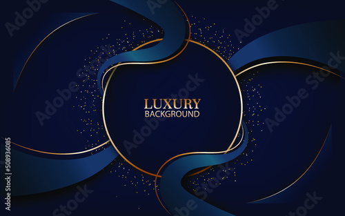 modern luxury background dark blue circle shape and golden ring with golden gliiter ribbon line vector
