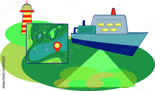 Hydrography day vector flat illustration with lighthouse, ship and bottom map