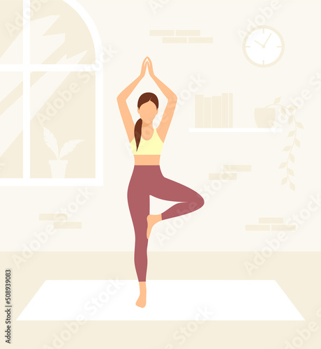 Young woman practicing yoga at home. Vector illustration in flat style