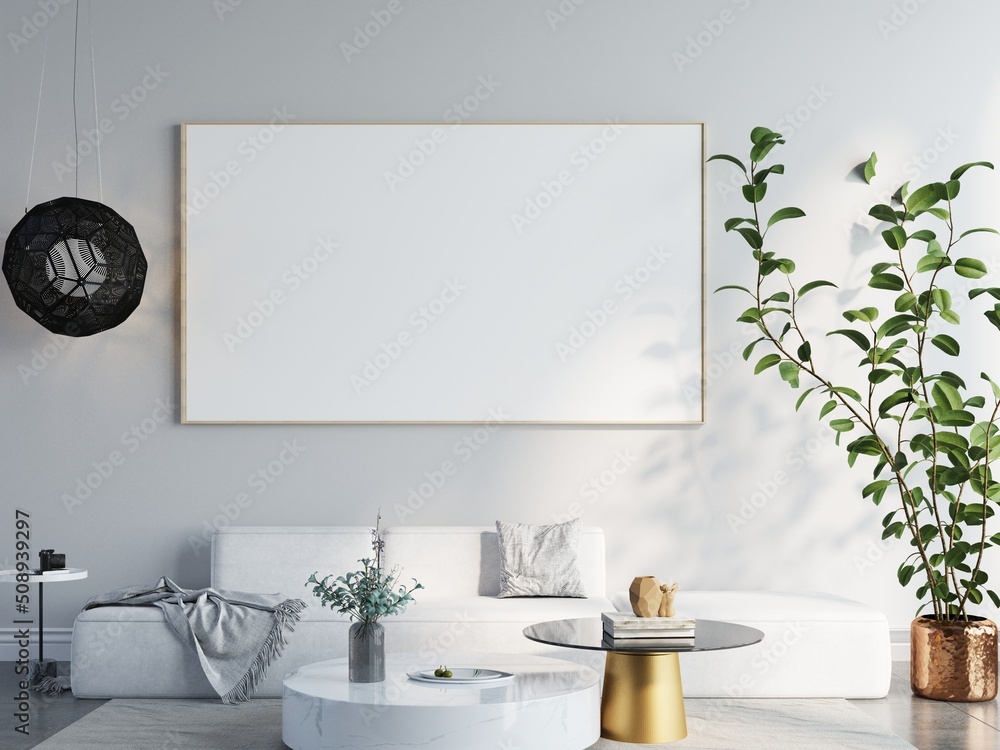 Fototapeta premium mock up poster frame in modern interior wood floor concrete wall background, Scandinavian style, Loft style, 3D render, 3D illustration