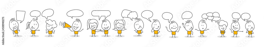 Stick figures. People with speech bubbles. Cartoon style. Social networks, news, social networks, chat, dialogue speech bubbles. Stick figures. People with speech bubbles. Cartoon style. Social networks, news, social networks, chat, dialogue speech bubbles.