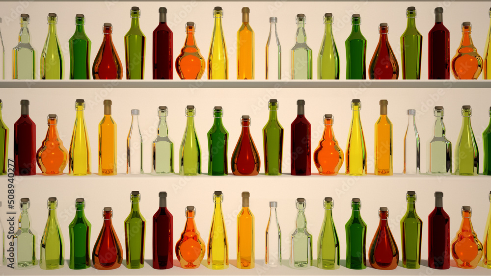 Set of wine and brandy bottles. isolated on white background. Alcoholic containers of different colors. Counter, showcase, booze, cocktails, drink.