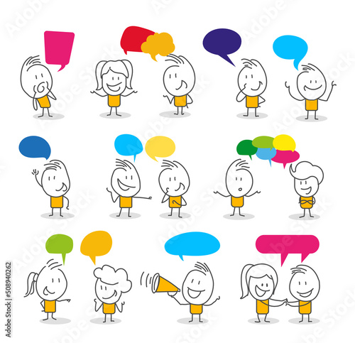 Stick figures. People with speech bubbles. Cartoon style. Social networks, news, social networks, chat, dialogue speech bubbles.