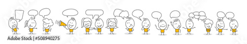 Stick figures. People with speech bubbles. Cartoon style. Social networks, news, social networks, chat, dialogue speech bubbles.