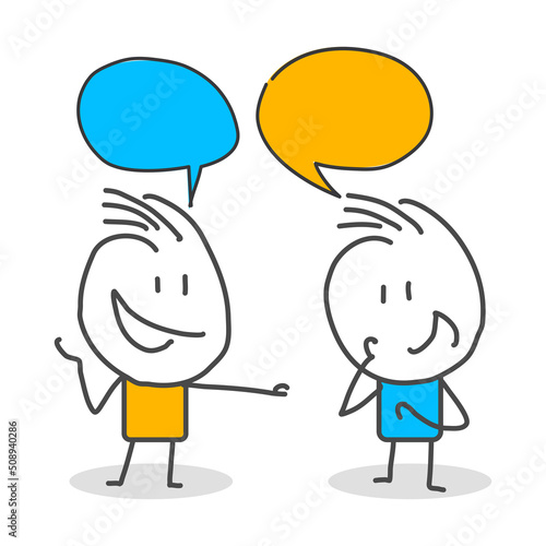 Stick figures. People with speech bubbles. Cartoon style. Social networks, news, social networks, chat, dialogue speech bubbles.
