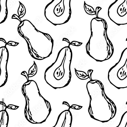 Seamless pear pattern. Black and white pear background. Doodle vector illustration with fruits