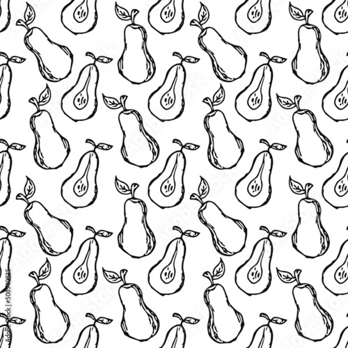 Seamless pear pattern. Black and white pear background. Doodle vector illustration with fruits