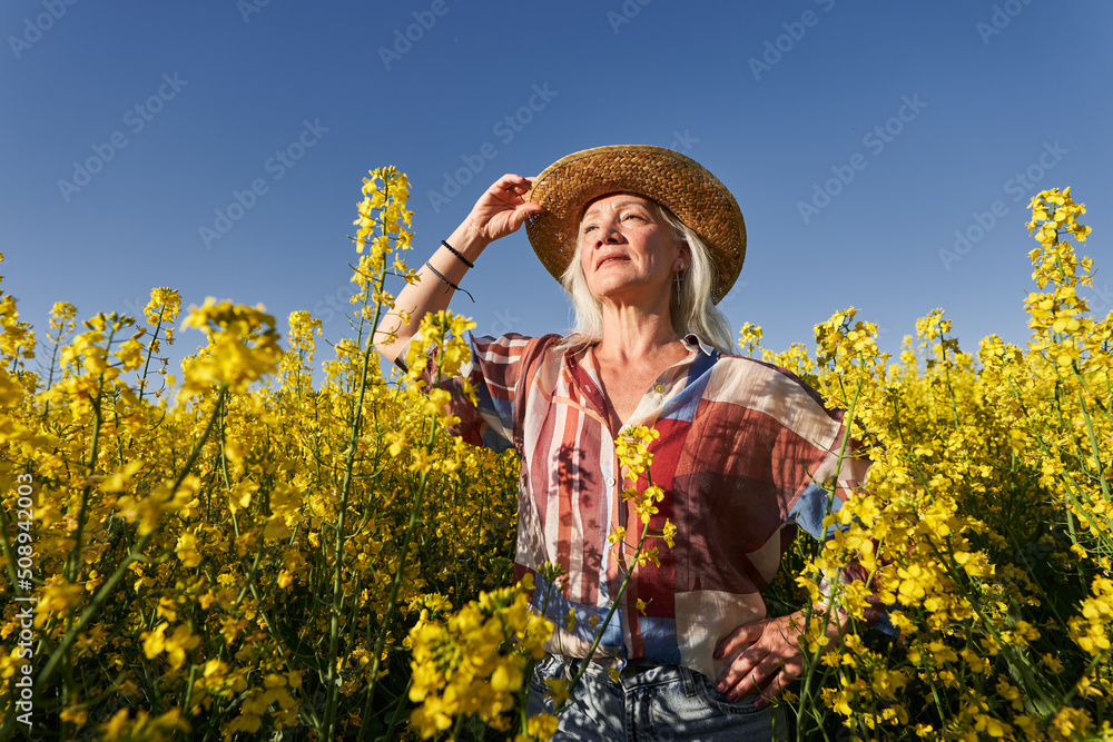 Senior woman in a canola field