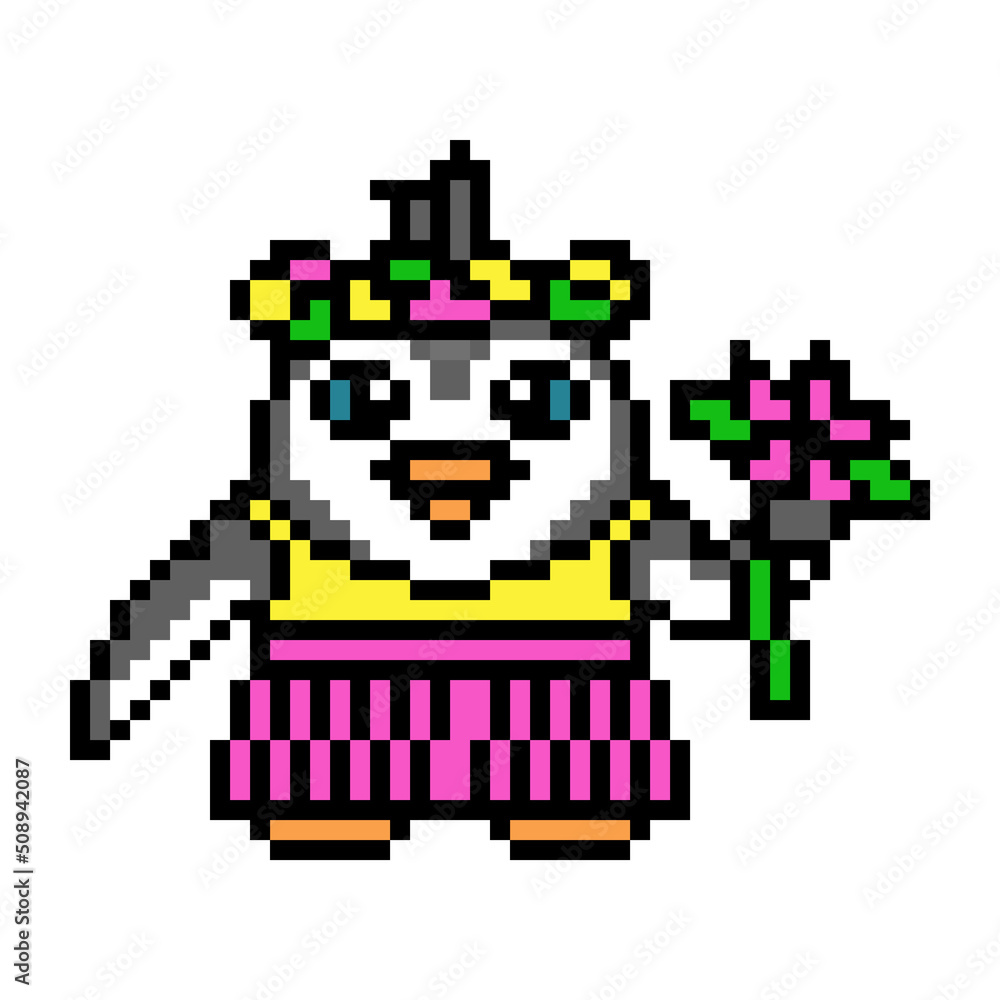 Obraz premium Hawaiian woman penguin wearing a yellow bra, pink skirt, lei (floral wreath) holding hibiscus flower, pixel art bird character on white. Hula dancer mascot. 8 bit video game graphics. Polynesian girl.