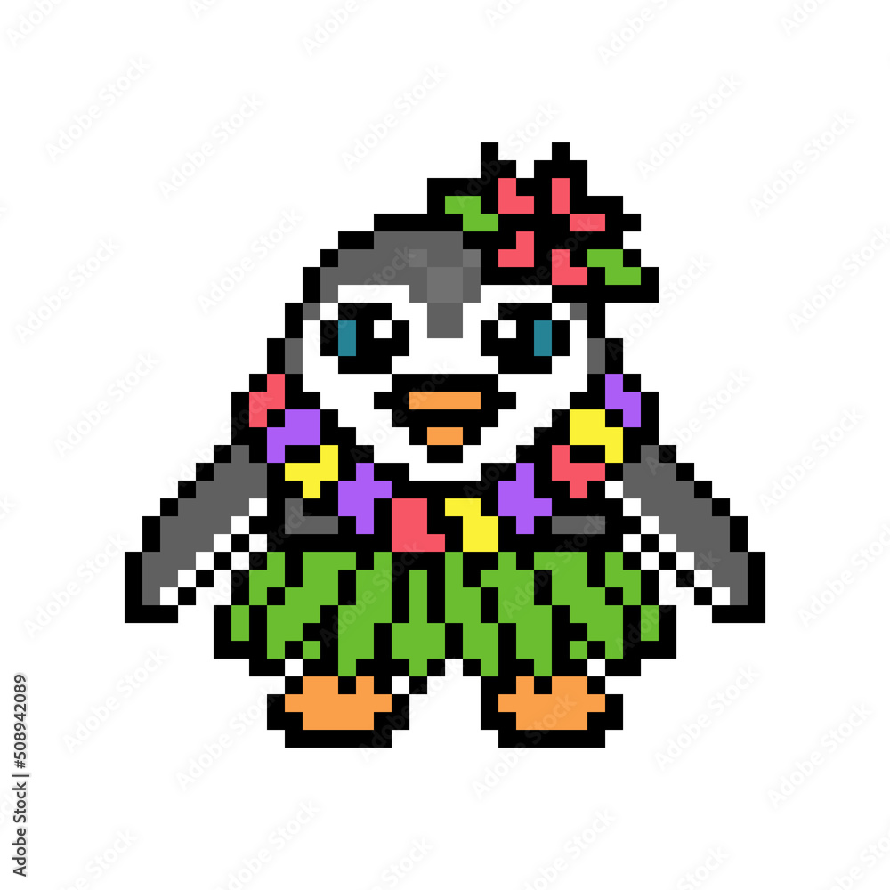 Fototapeta premium Hawaiian woman penguin wearing leaf skirt, lei (floral necklace) and hibiscus flower hairpin, pixel art bird character on white. Hula dancer mascot. Retro 8 bit video game graphics. Polynesian girl.