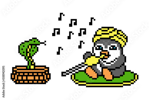 Penguin snake charmer in a yellow turban sitting and playing pungi to hypnotize a cobra in a basket  pixel art animal character isolated on white background. Indian mascot. 8 bit video game graphics.