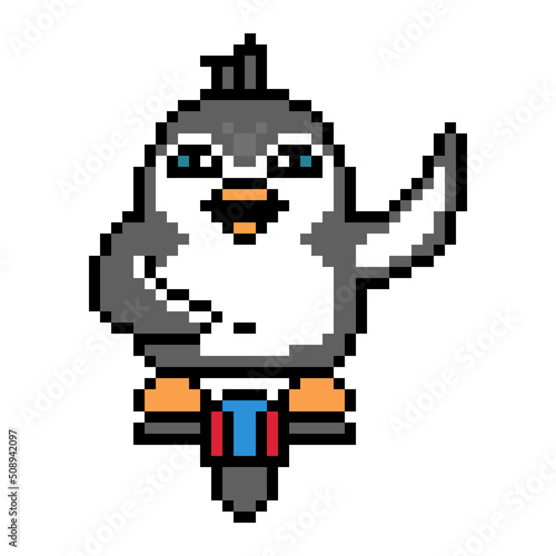 Penguin riding electric unicycle and waving, pixel art animal character on white background. Old school retro 80's-90's 8 bit slot machine, video game graphics. Personal urban eco transport mascot.
