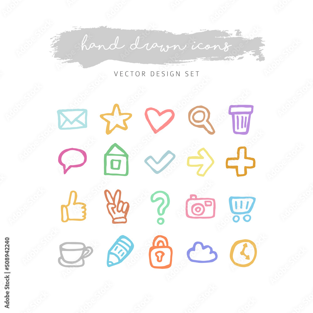 Hand drawn icons set in bright colors Hand drawn icons set in bright colors