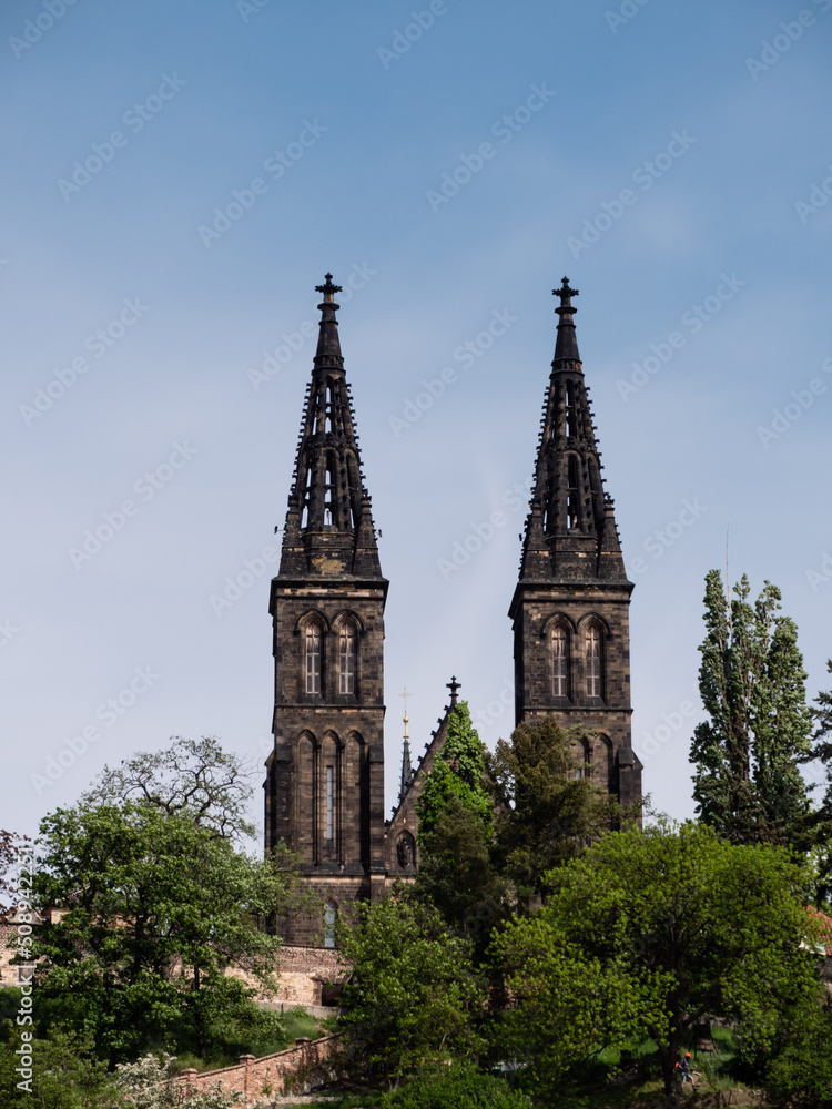 Vysehrad Basilica Gothic Church Tower in Prague, Czech Republic