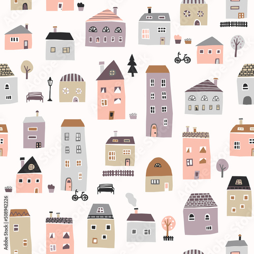 Seamless pattern with cute houses