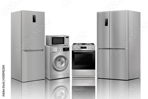 A set of household appliances: microwave oven, washing machine, refrigerator, vacuum cleaner, iron, stove, fan, air conditioner,TV, dishwasher, kettle. Realistic 3D vector, isolated