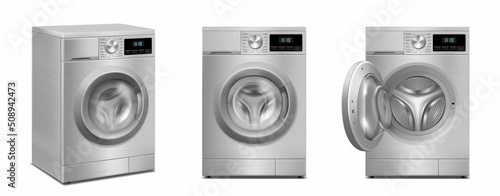 Set of Washing machines isolated on white background. Front view and Perspective view, close-up. 3d realistic vector washer.