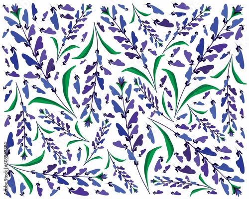 Beautiful Flower, Illustration Background of Blue Sage Flowers or Salvia Sclarea Flower with Green Leaves. 