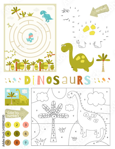 Dinosaurs Activity Pages for Kids. Printable Activity Sheet with Dino Mini Games     Coloring Dinosaur  Dot to Dot  Maze Game. Vector illustration.