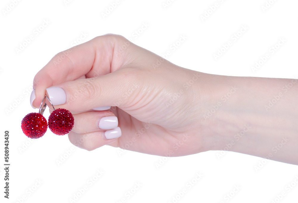 Red earrings jewelry in hand on white background isolation Red earrings jewelry in hand on white background isolation