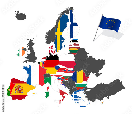 Map of Europe with the European Union member states flags after Brexit. Vector illustration isolated on white background