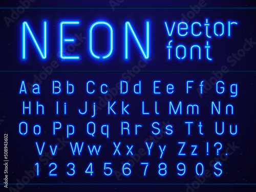 Tela Bright glowing blue neon alphabet letters and numbers font