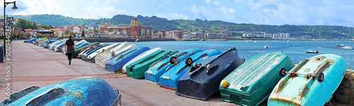 View on Hondarribia with dinghies on the quay, in Spanish Basque Country.  photo