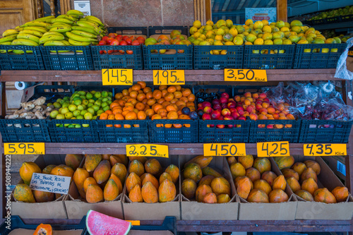 fruits and vegetables market stand produce orange banana lemon