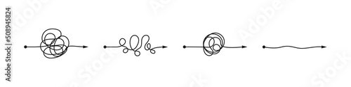 Complex messy lines as concept of chaos solving. Process of problem simplifying in mind. Vector illustration of confusion to clarity step by step, psychotherapy path for mental health