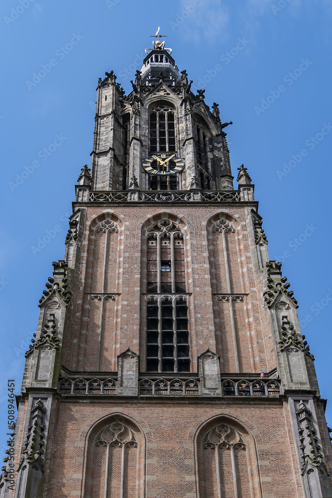 Built in the 15th century, 98-meter high Onze Lieve Vrouwetoren (Our Lady tower) or Langejan (Long John) is the third-tallest church tower in the Netherlands. Amersfoort. the Netherlands. Built in the 15th century, 98-meter high Onze Lieve Vrouwetoren (Our Lady tower) or Langejan (Long John) is the third-tallest church tower in the Netherlands. Amersfoort. the Netherlands.