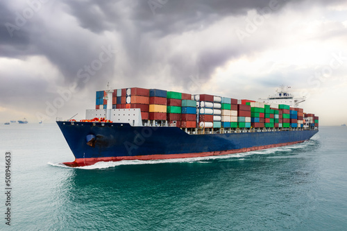 container ship sailing to transport goods in containers for import export internationally and worldwide, business services transportation by container ship open sea,