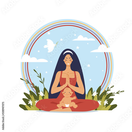 Woman doing yoga with baby, baby yoga, young mother meditation, healthy lifestyle. Round icon on sky background, motherhood balance. Flat cartoon vector illustration isolated on white background.