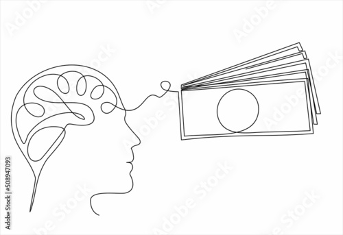 Continuous line modern drawing of a human head and brain thinking about money, thinking how and where to make money.  Time for new opportunities to earn. Drawing thoughts  in a man's head.
