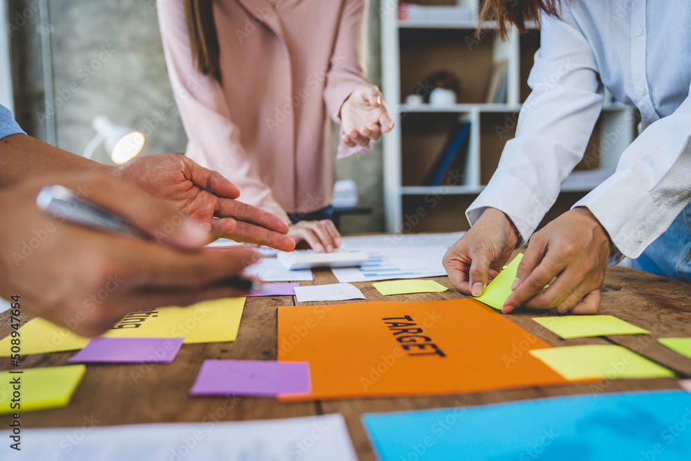 Fototapeta premium Teamwork Brainstorming Meeting and new startup project in workplace, Quality, successful work business goal setting ideas